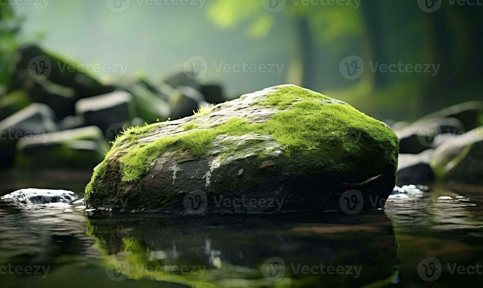 mossy rocks that arise on the surface of rivers, ai generative photo