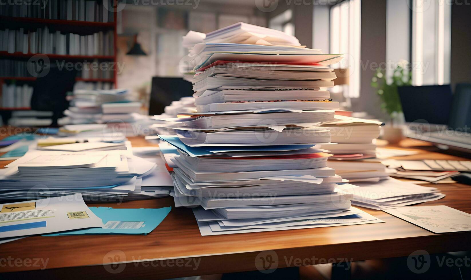 pile of messy papers on work desk overwork concept, ai generative photo