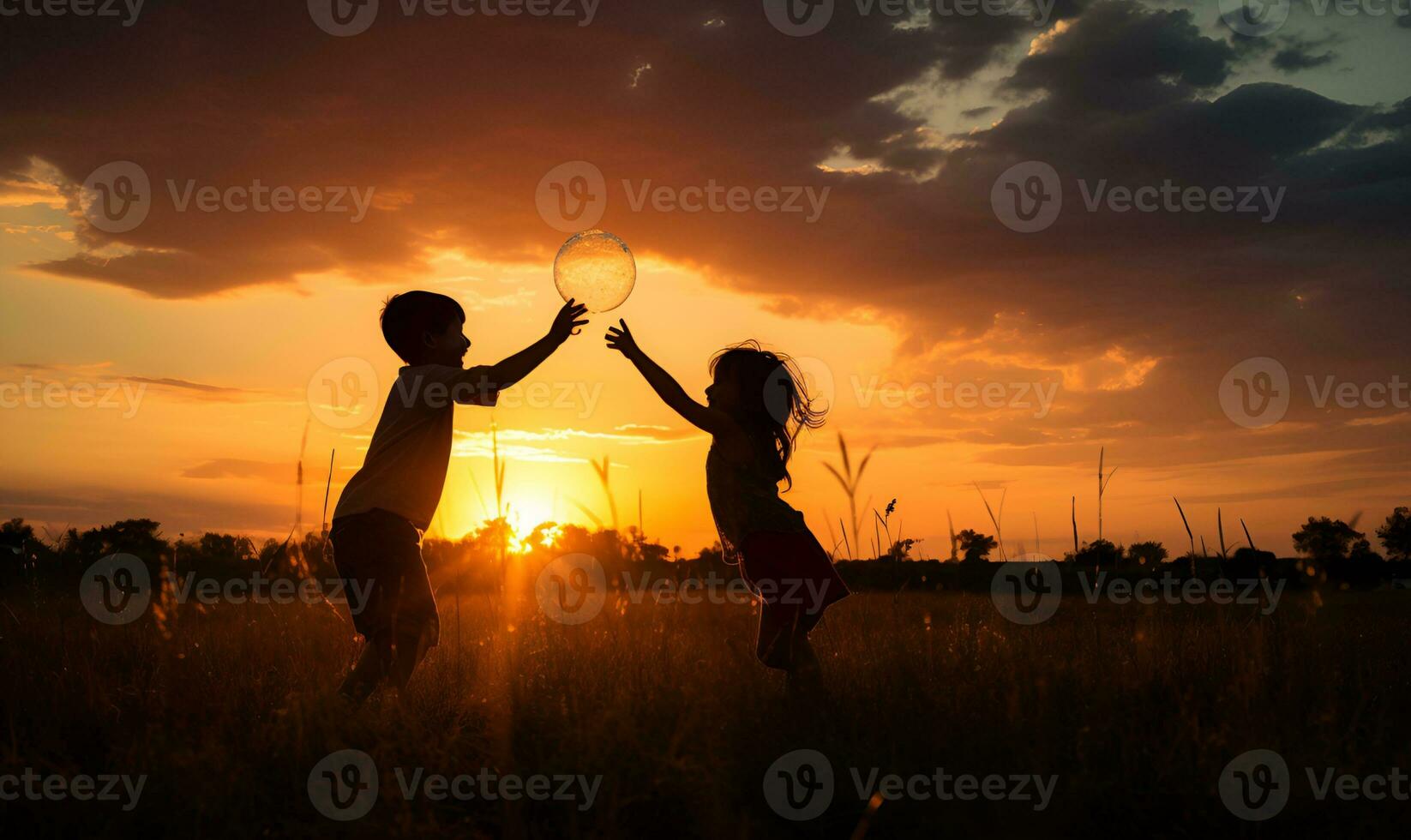 shadow of children playing in a field of flowers at sunset, ai generative photo