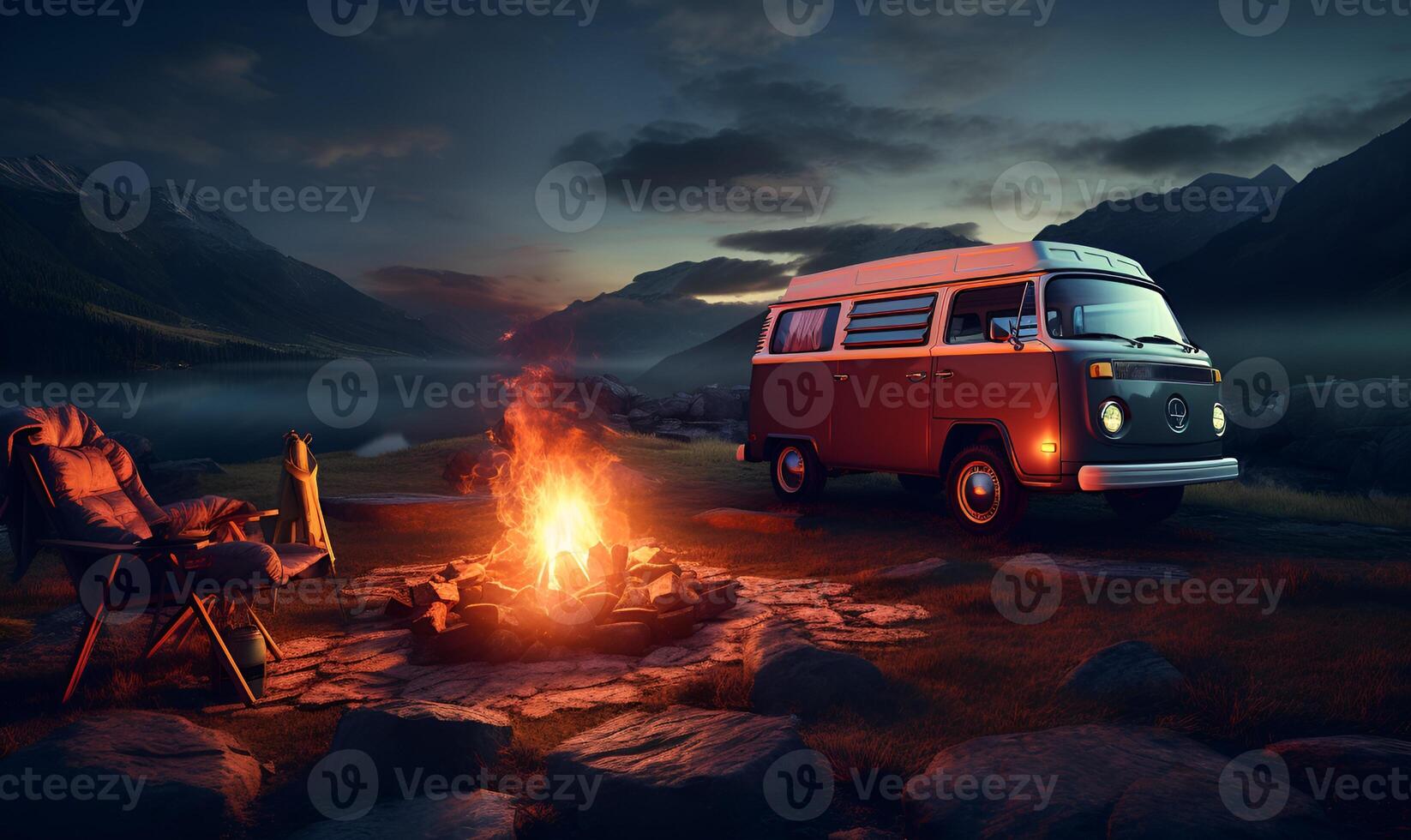 campfire on the mountain with backpacker camping car, generative ai photo