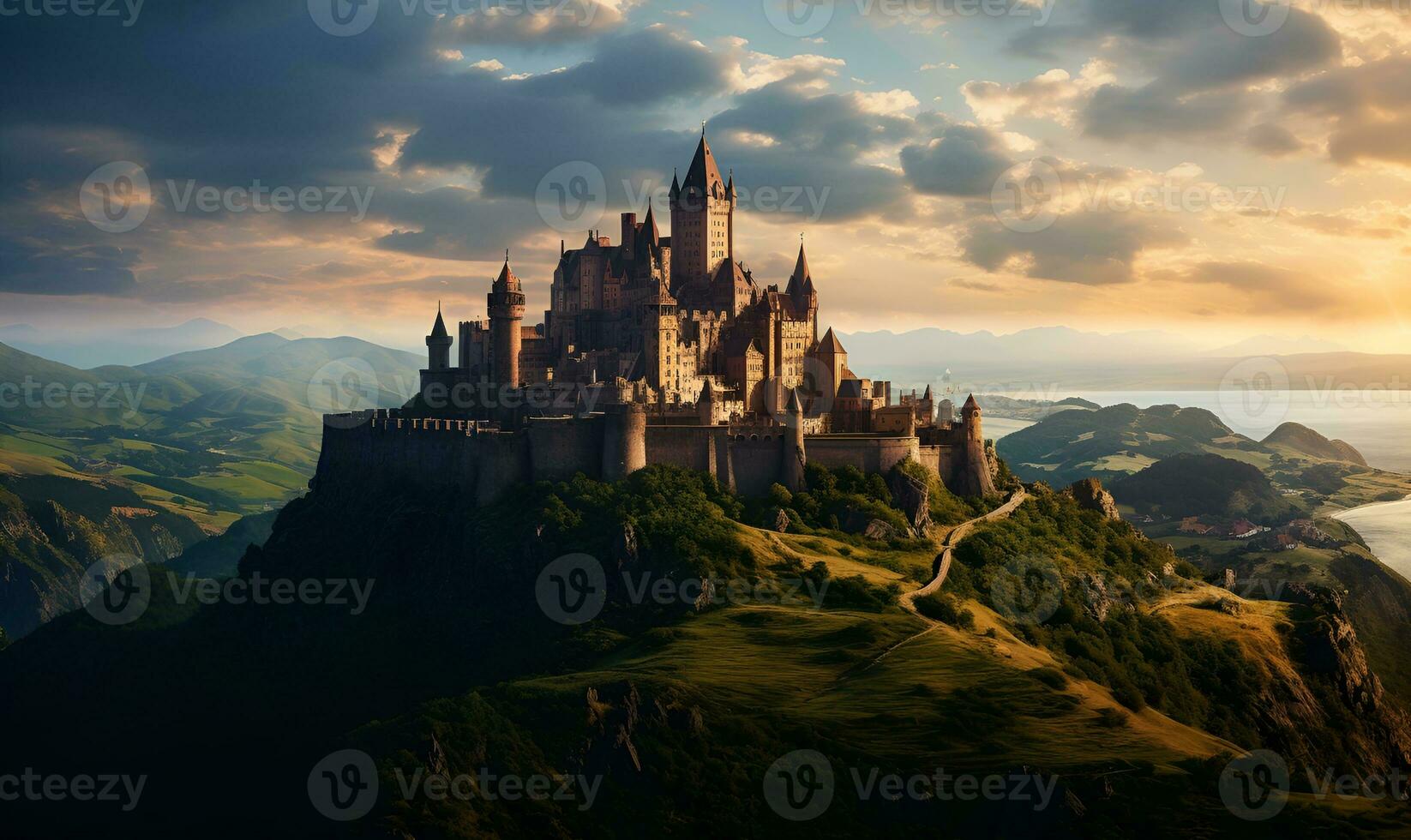 classic european castle on a green hill, ai generative photo