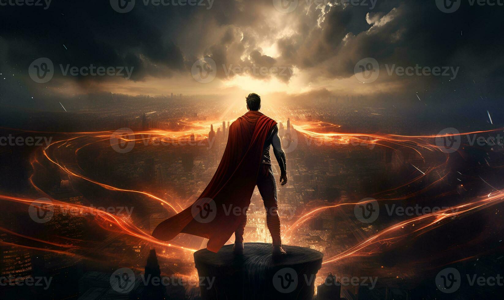 superhero looking at the city from the top of a tall building, ai generative photo
