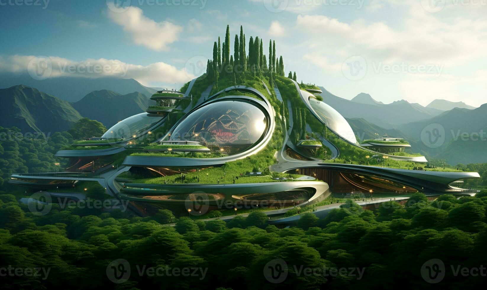 futuristic modern building that blends with nature, ai generative photo