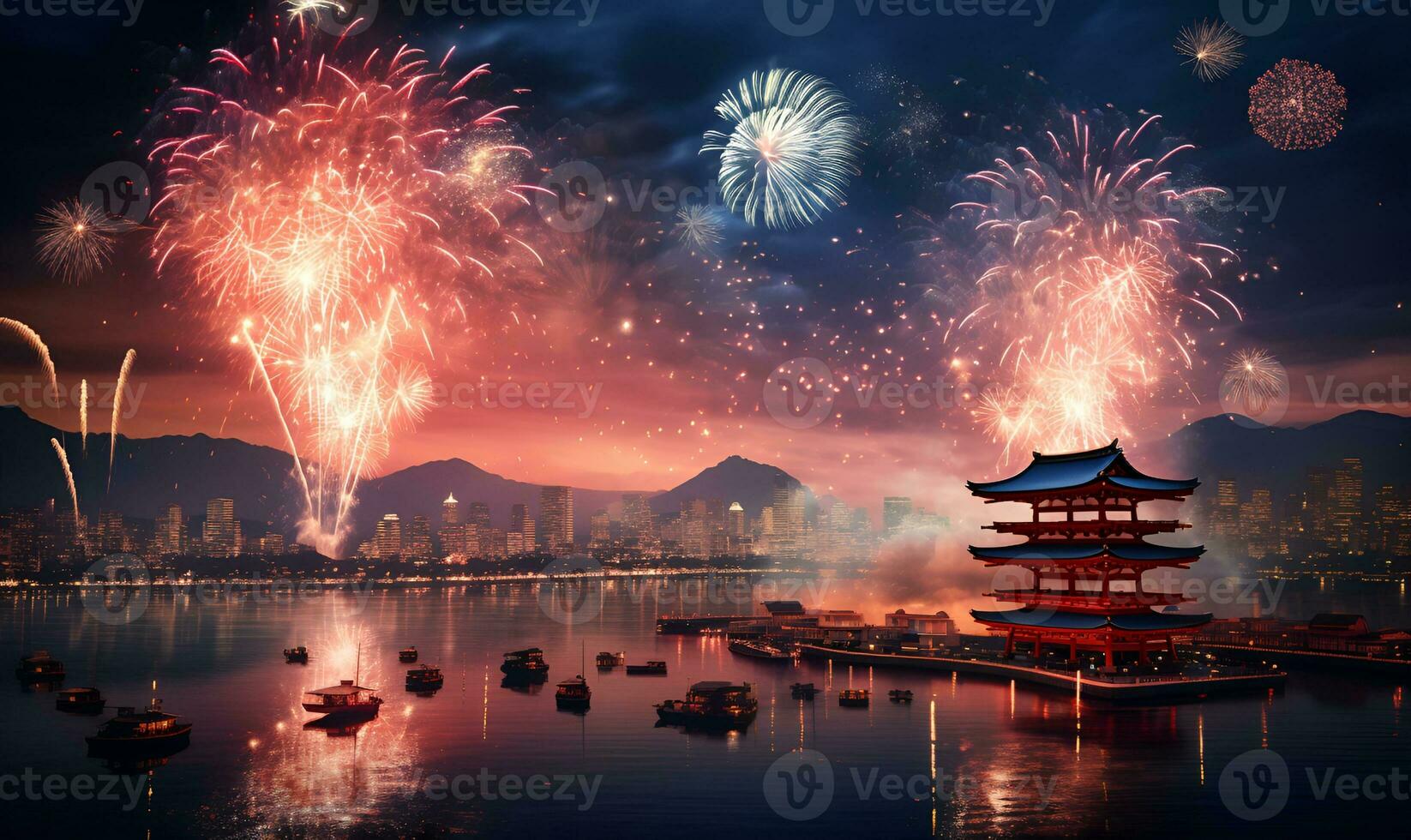 fireworks festival at japan night, ai generative photo