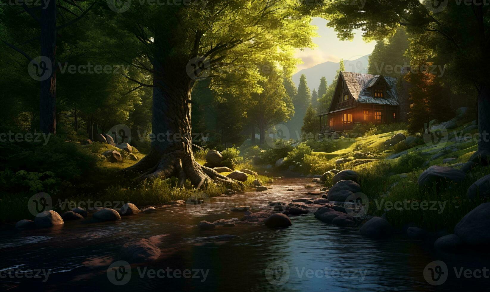 quiet cabin in the middle of the riverside forest, ai generative photo