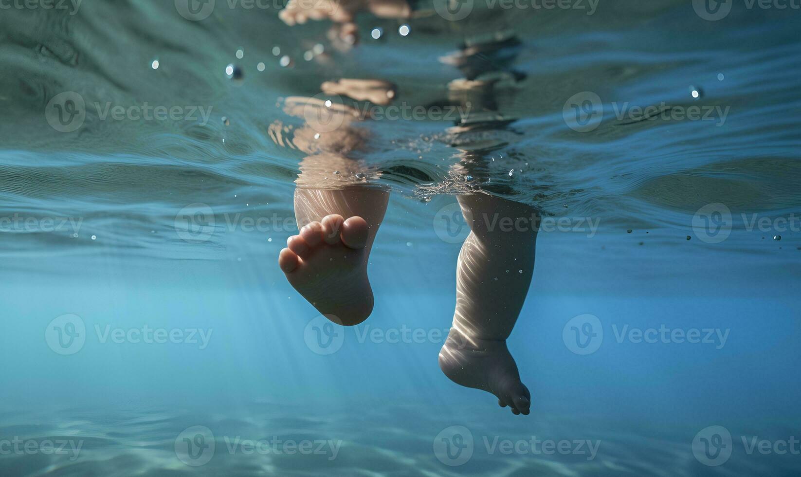 Baby feet in the water seen from under the water, ai generative photo