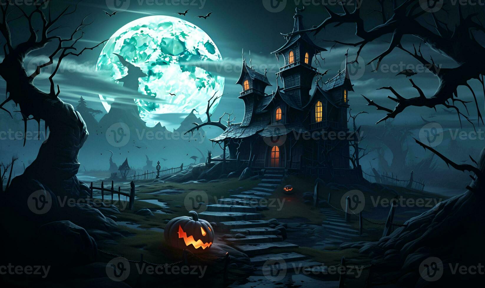 Cartoon image of a haunted house in the style of Halloween background, AI generative photo