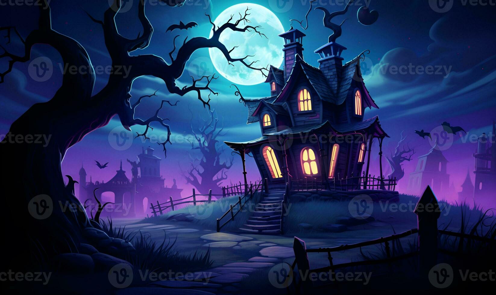 haunted house digital art haloween background, ai generative photo