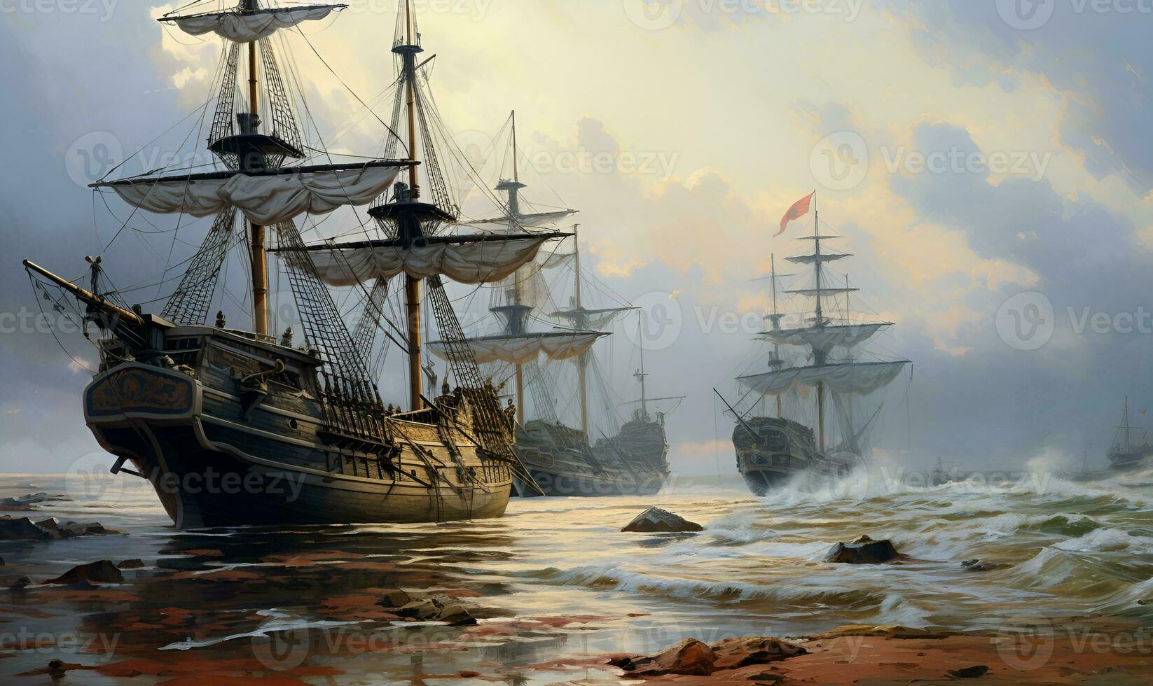 European colonial ships on the coast, ai generative photo