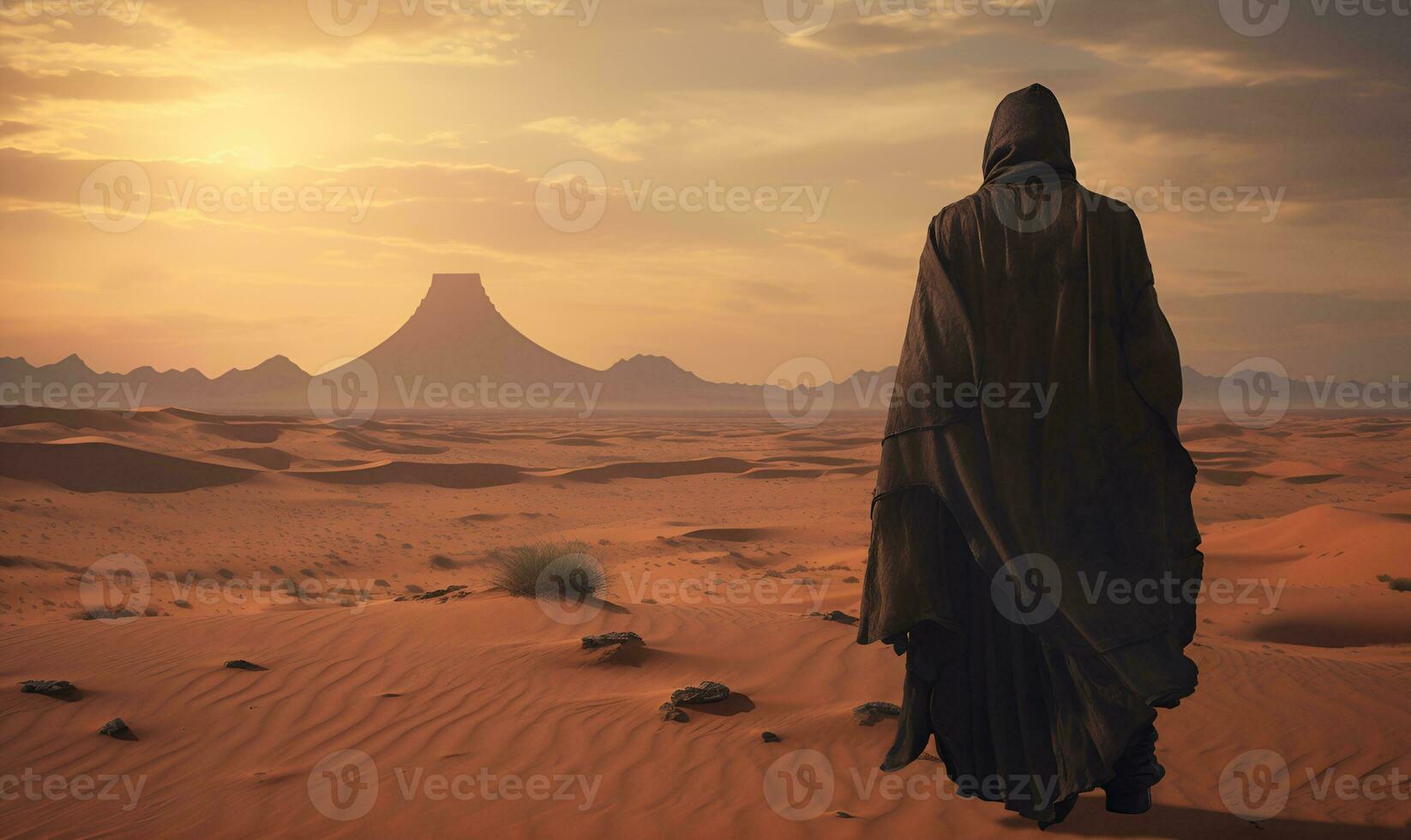 man in black robe in the desert, ai generative photo