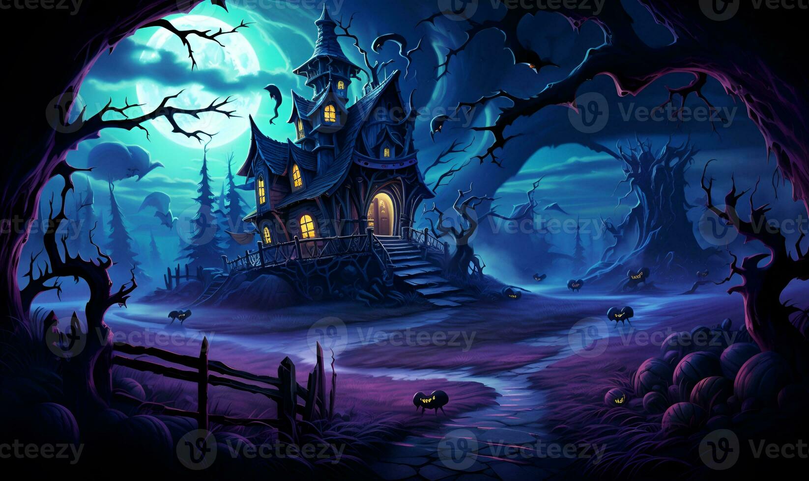 haunted house digital art haloween background, ai generative photo