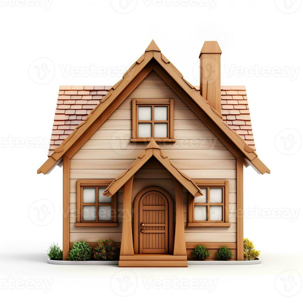 miniature wooden house icon on white background, ai generative photo