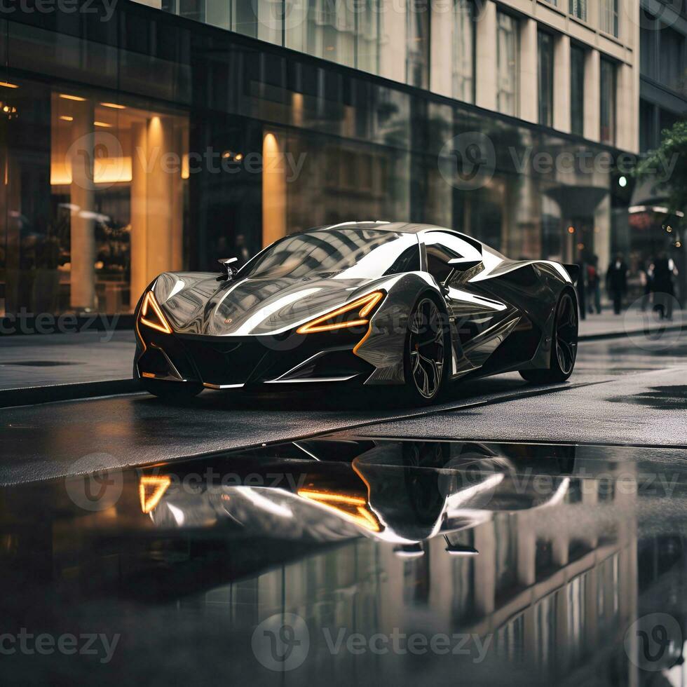 luxury black sports car on city streets, ai generative photo