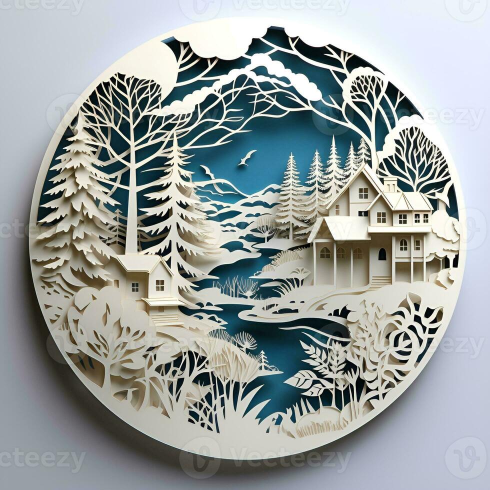 papercut design of natural scenery and cabins, ai generative photo