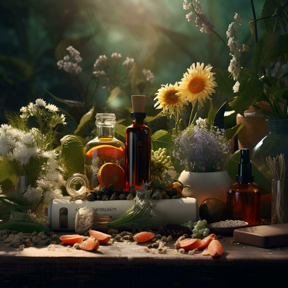 varios herbario medicamentos en el mesa, ai generativo foto
