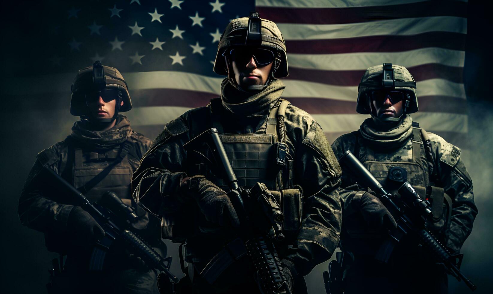 armed special forces with american flag background, ai generative photo