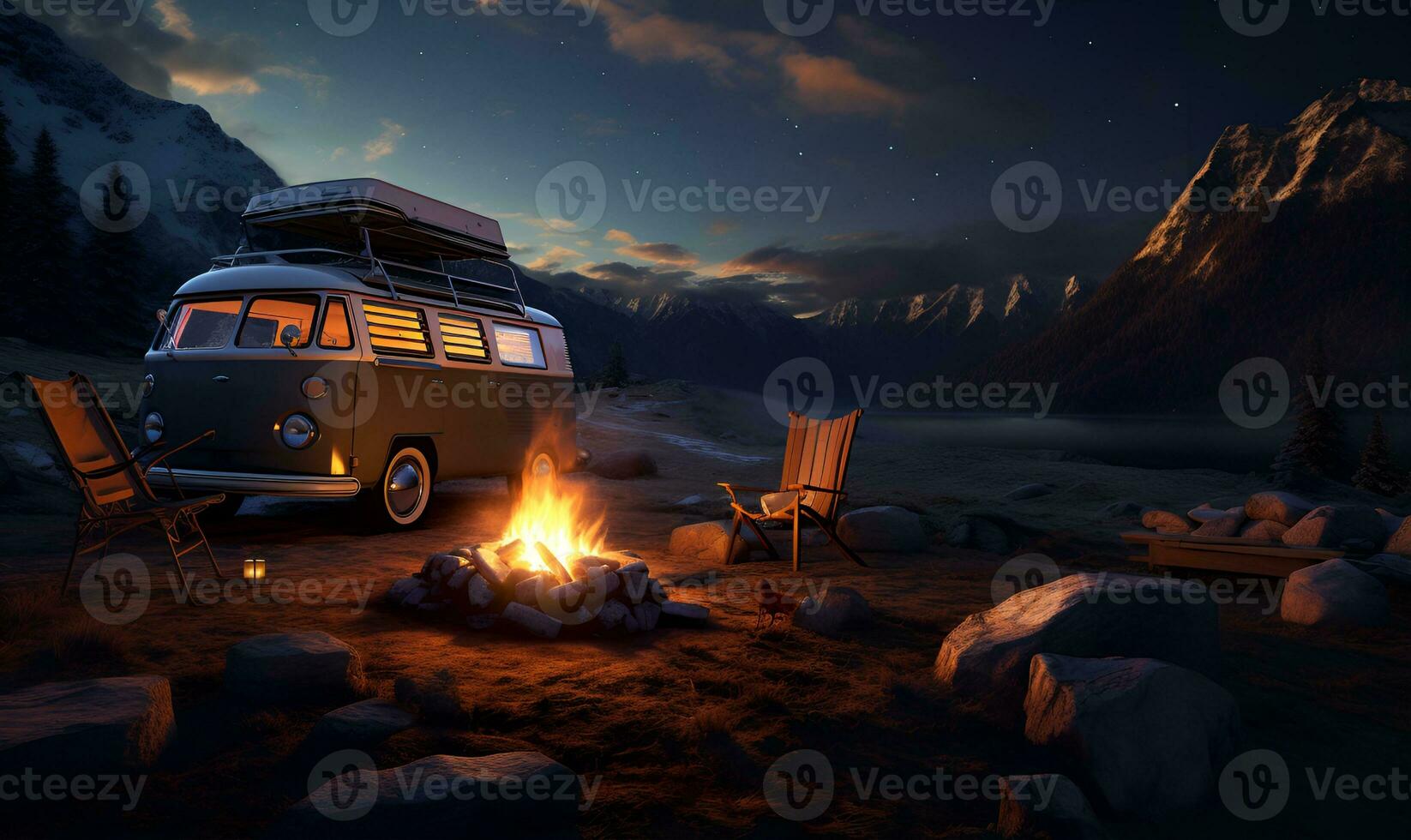 campfire in the wild with a car, ai generative photo