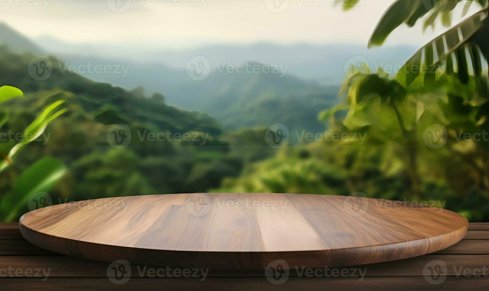 wooden podium with forest background, ai generative photo