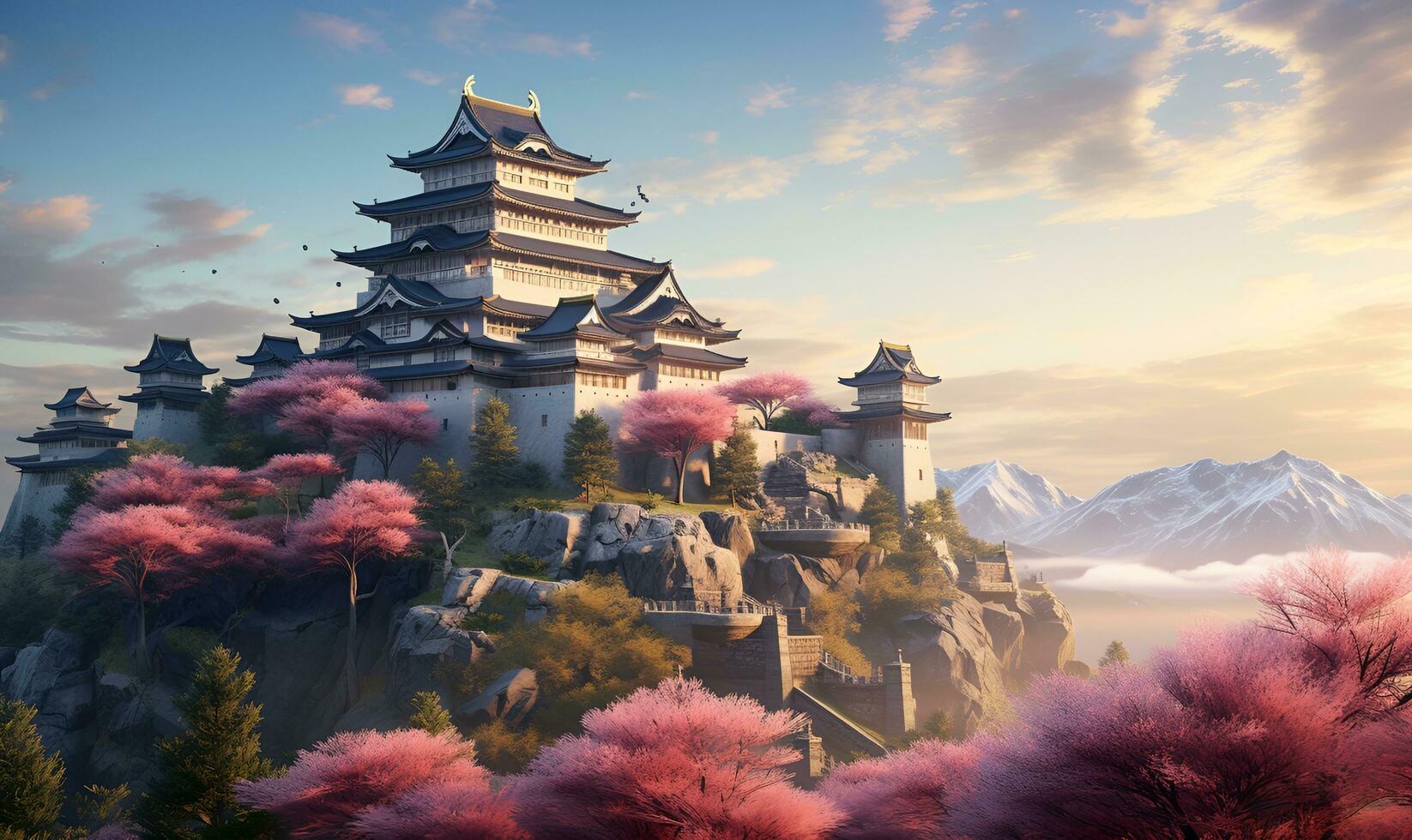 Japanese castle on a beautiful hill seen from afar, ai generative photo
