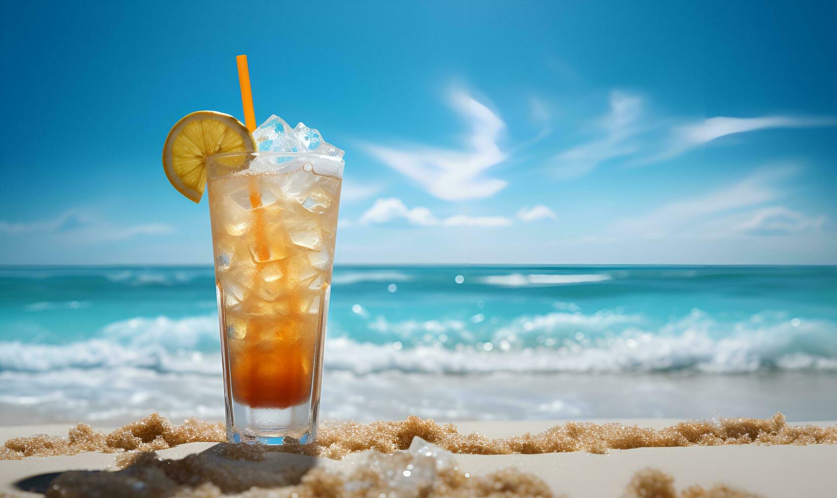 cold lemon drink close up on the beach, ai generative photo