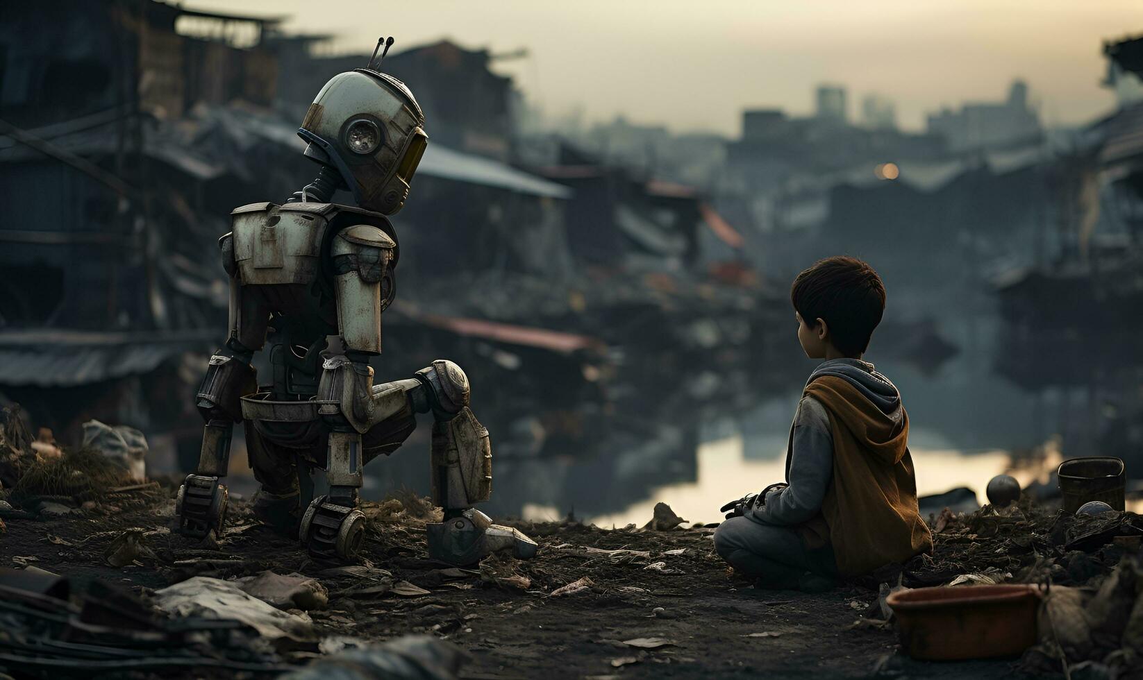 boy interacts with robot in slum, generative ai photo