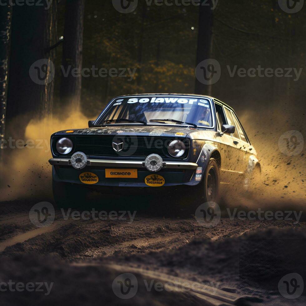 reunión coche en acción en bosque suciedad camino, ai generativo foto