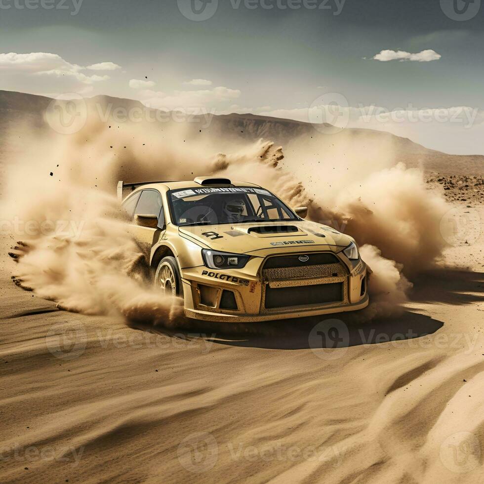 rally car on dusty desert road, ai generative photo