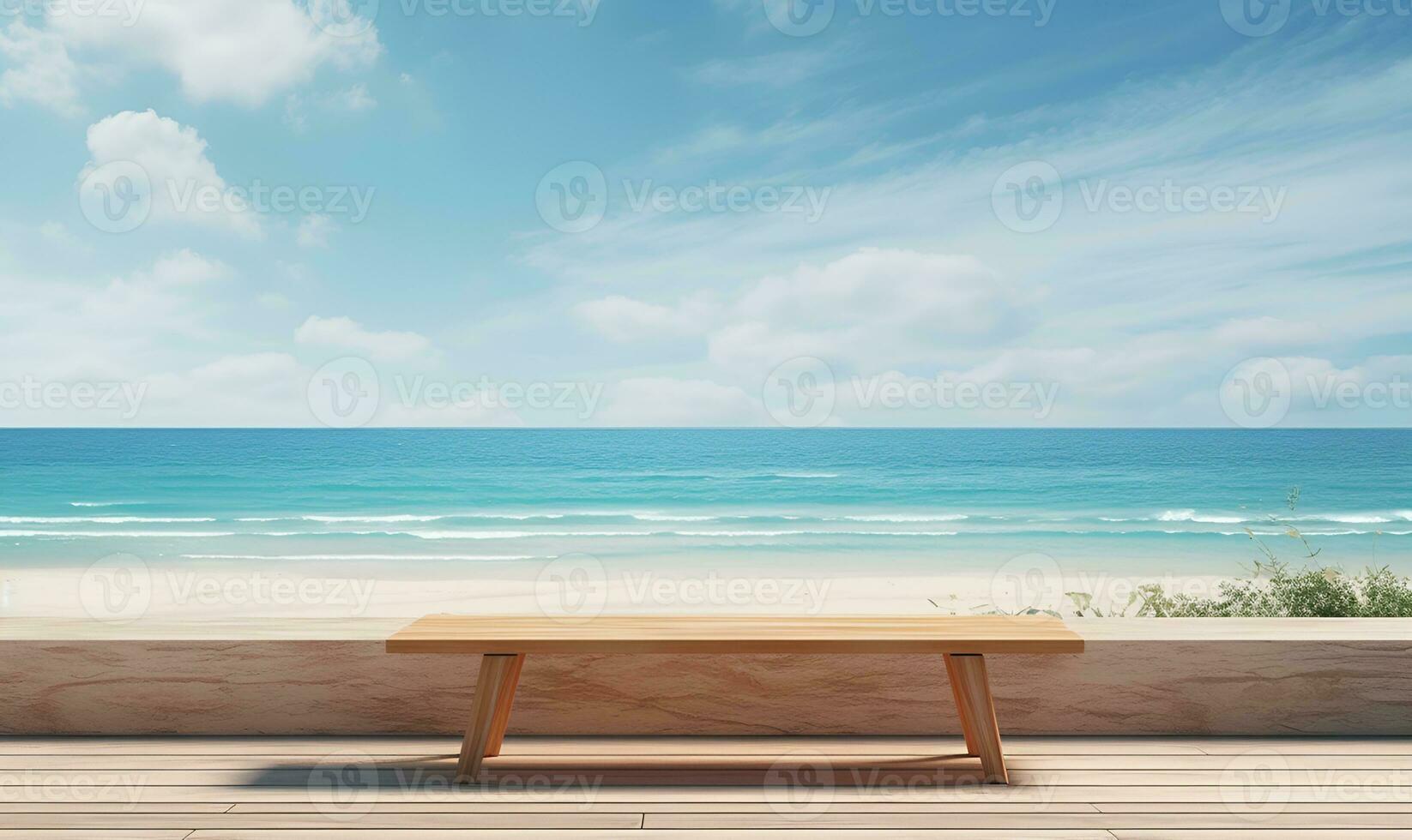 wooden bench on the beach copy space, ai generative photo