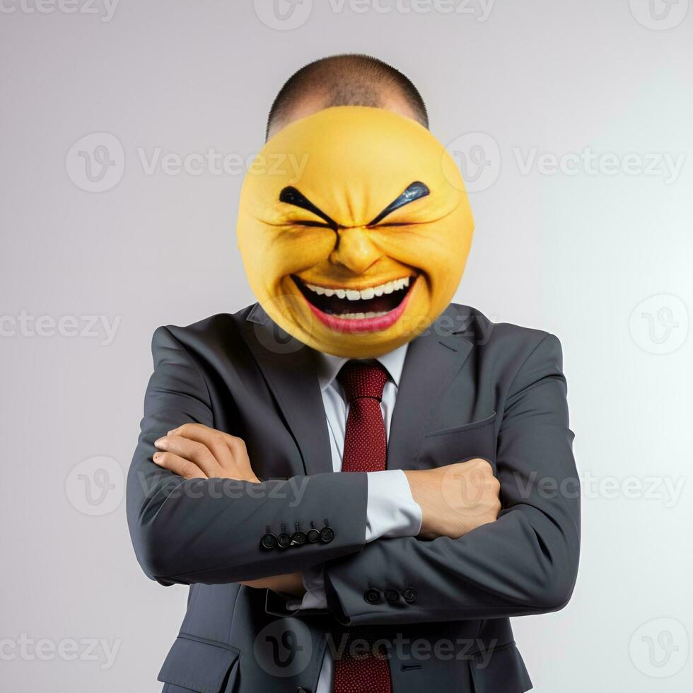 male office worker covering face with sly emoji white background, ai generative photo