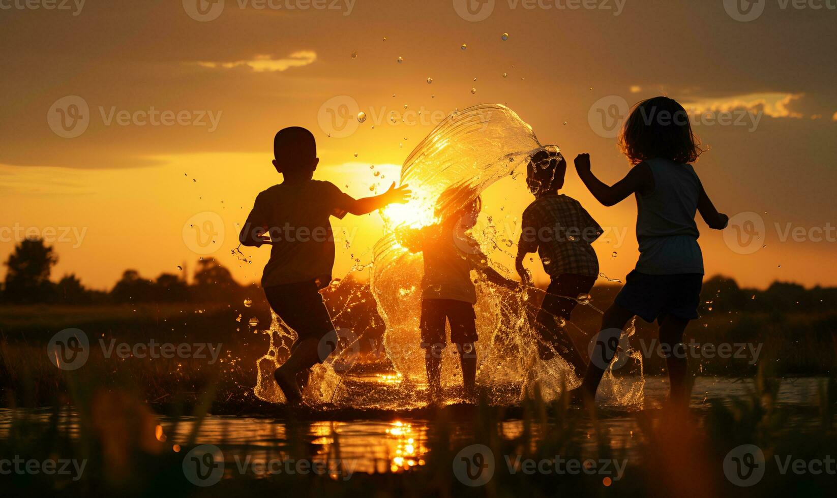 silueta de niños jugando a atardecer, ai generativo foto