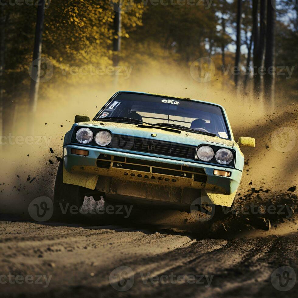 rally car in action on forest dirt road, ai generative photo