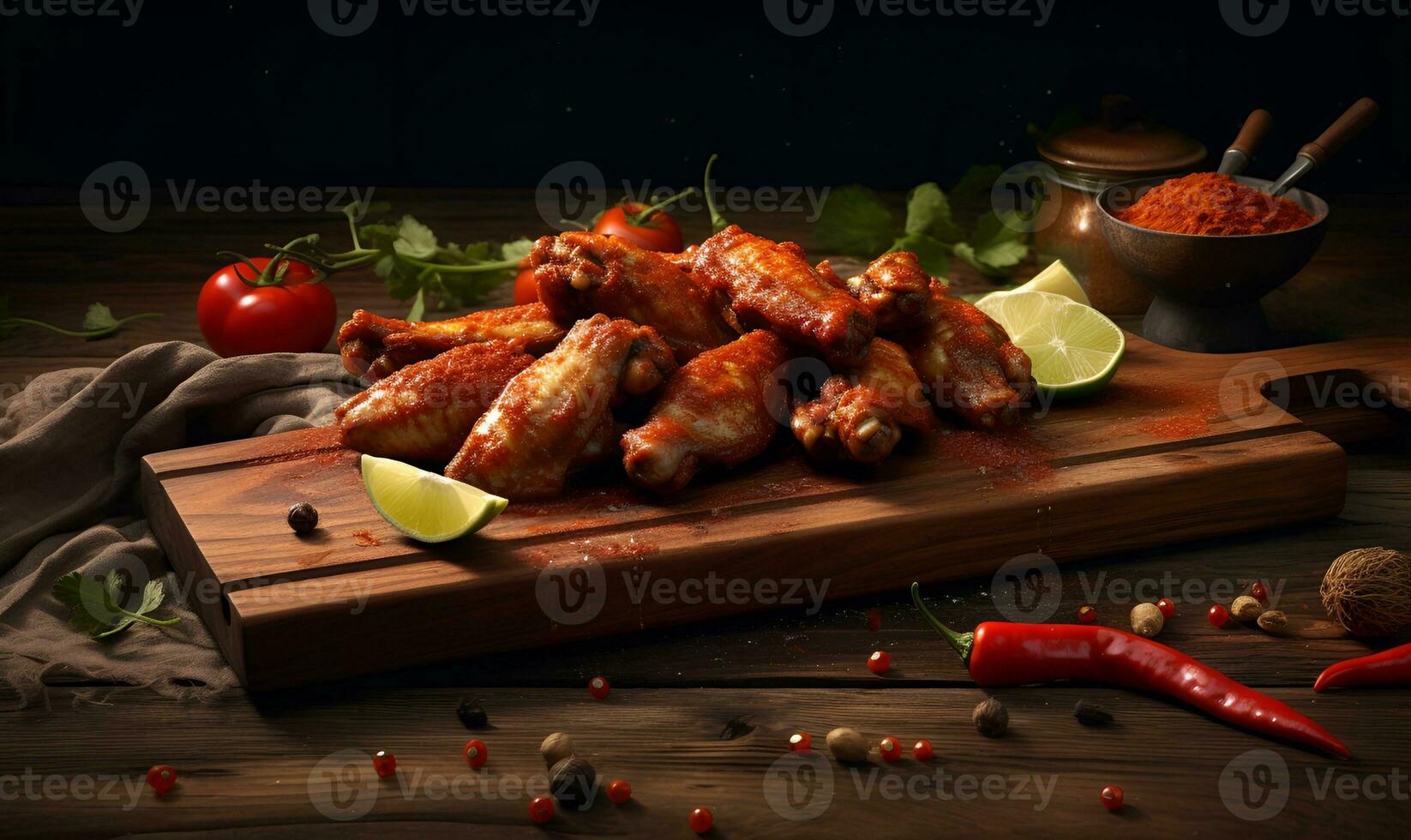 Spicy chicken wings on a wooden cutting board, ai generative photo