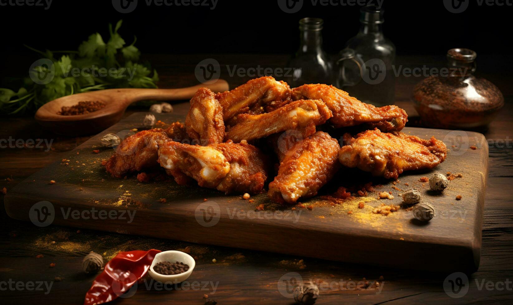 Spicy chicken wings on a wooden cutting board, ai generative photo