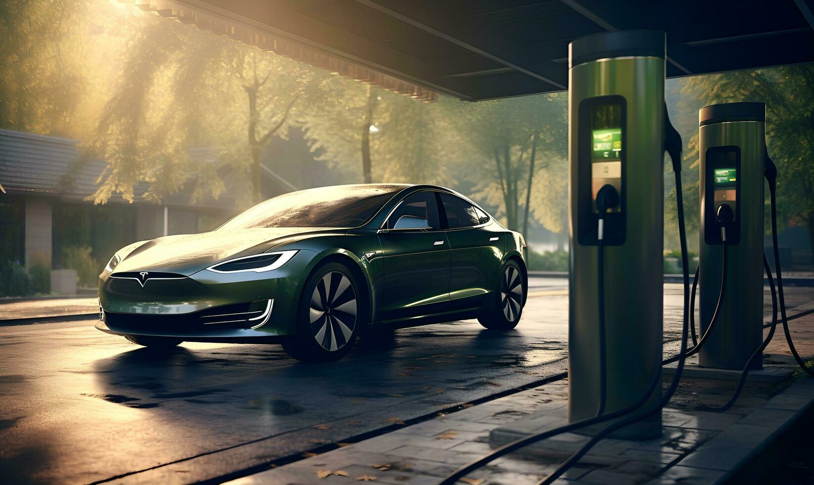 eléctrico coche a el cargando estación, ai generativo foto