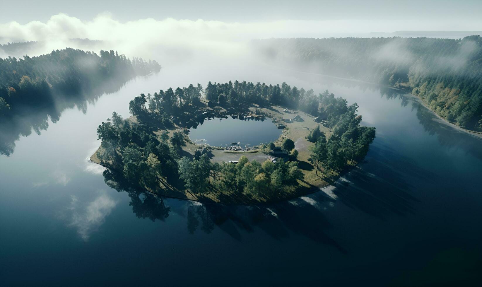 lake in the middle of an island in the middle of the sea, ai generative photo