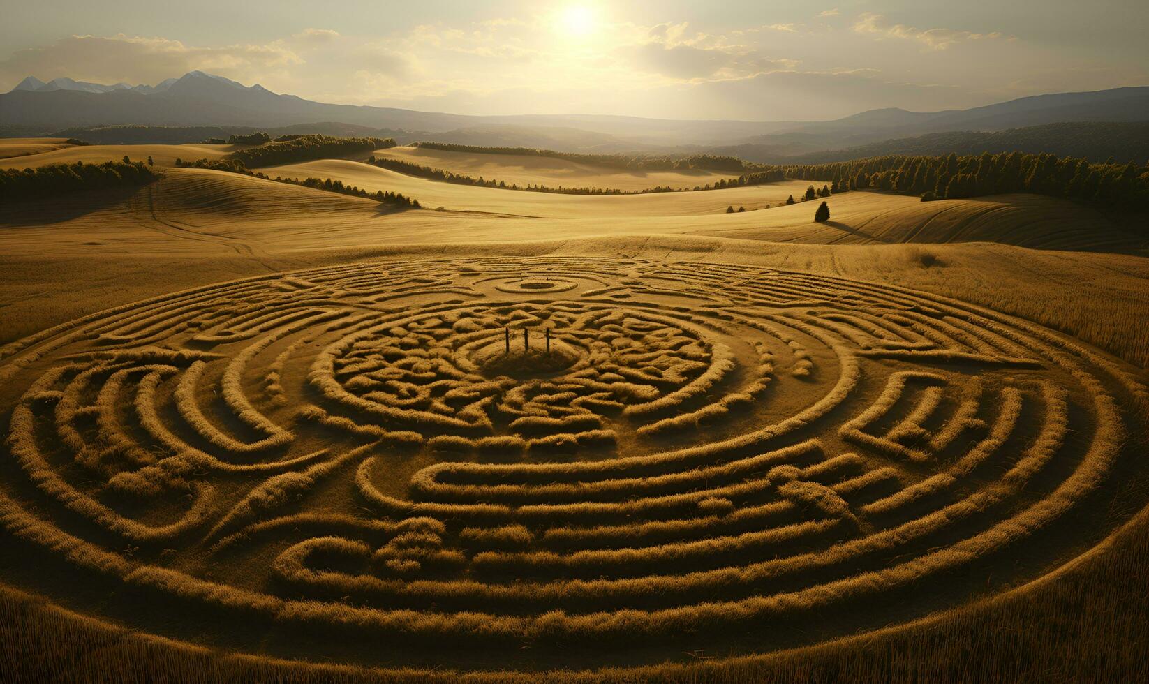 crop circle ufo in wheat field, ai generative photo