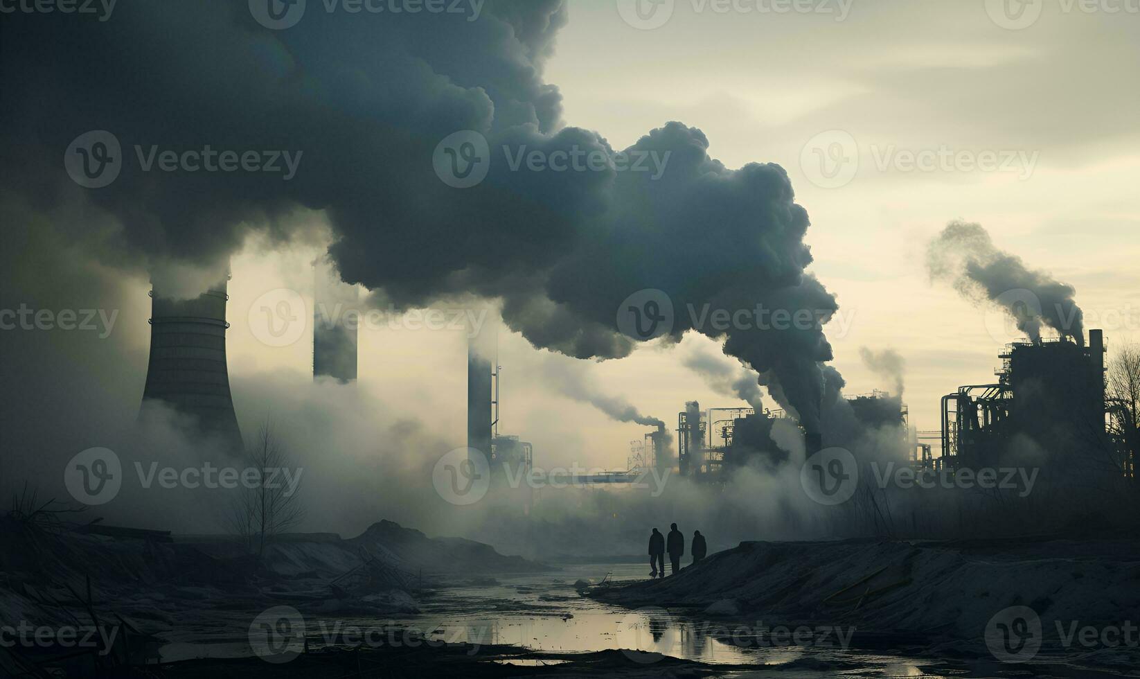 factory with large pollution smoke, generative ai photo