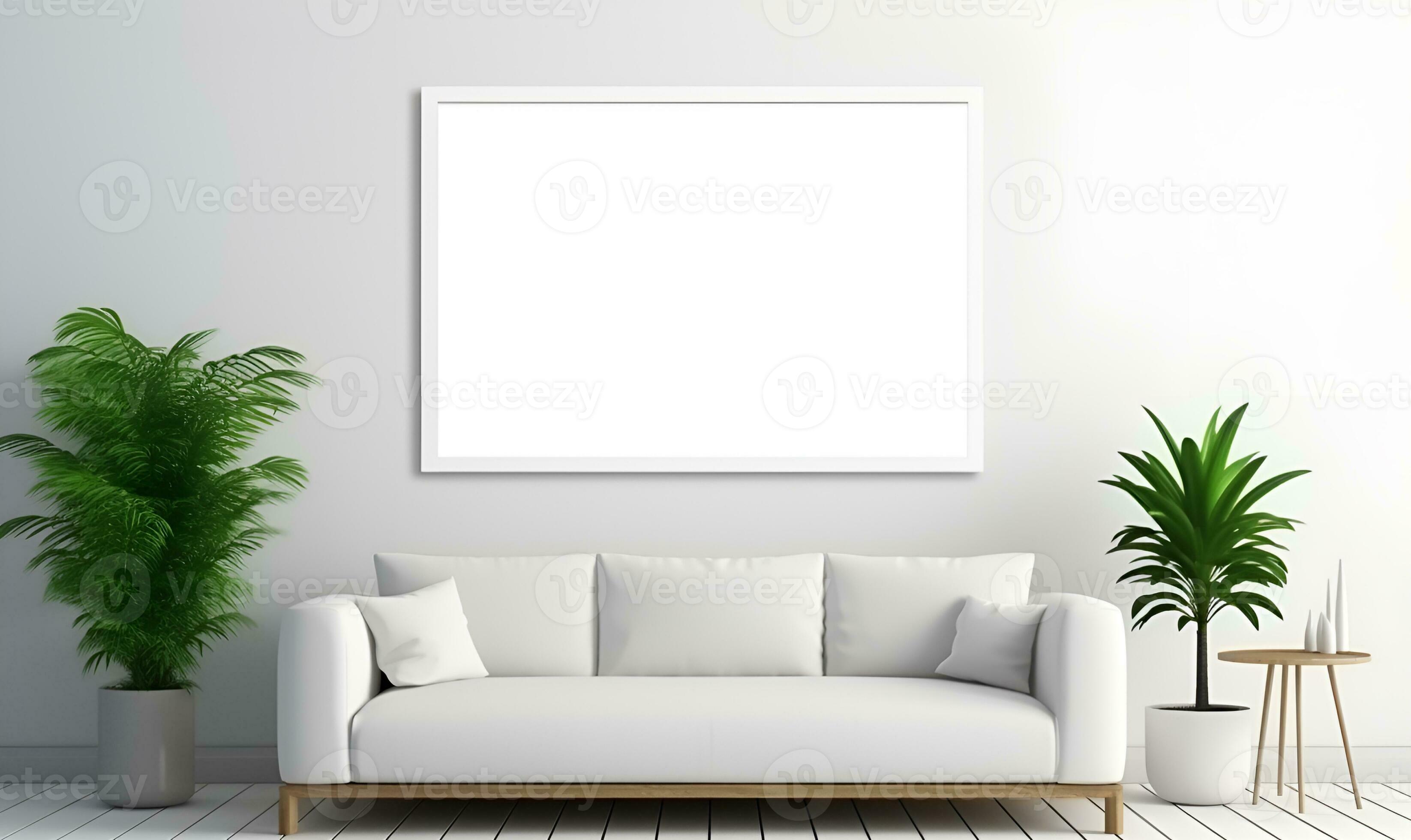 minimalist white house interior with large, plain white wall frames, ai