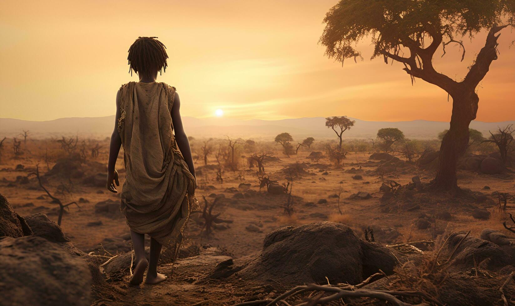 African child in shabby clothes on barren land, AI generative photo
