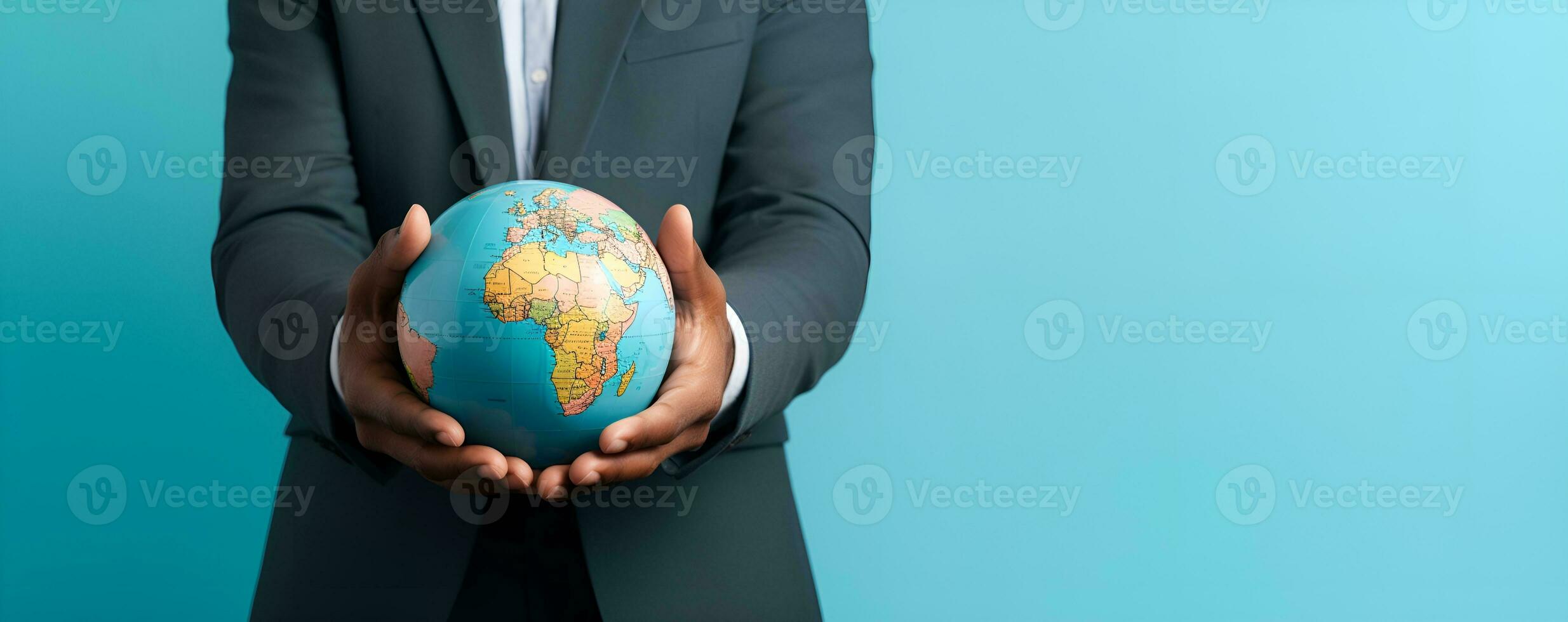 male office worker holding globe earth copy space, ai generative photo