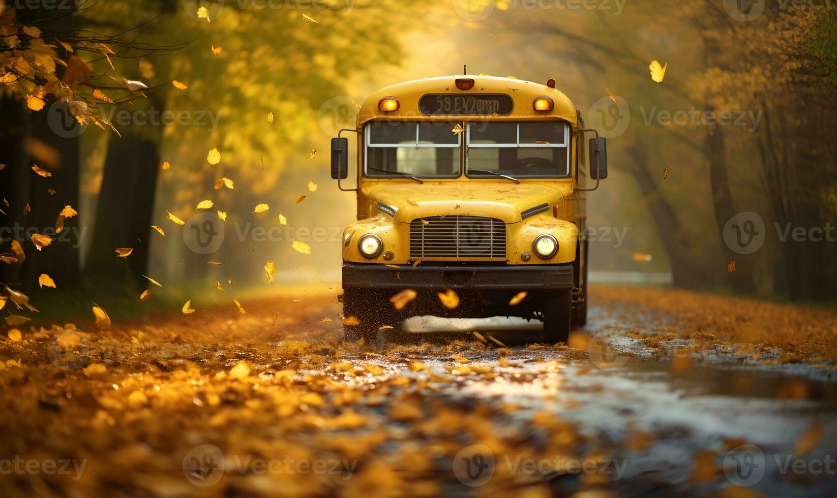 yellow school bus car on the road with autumn orange leaves, ai generative photo