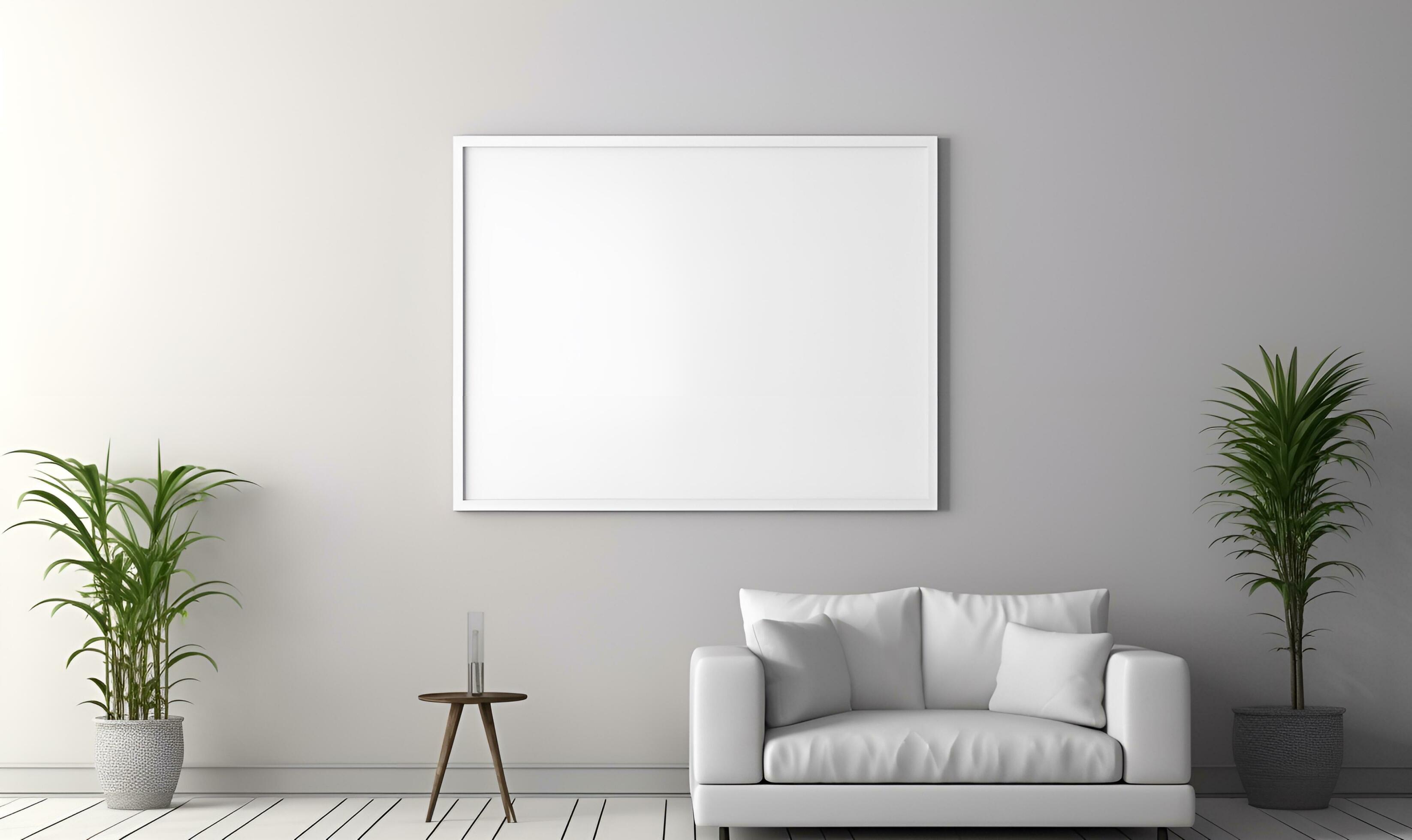 minimalist white house interior with large, plain white wall frames, ai