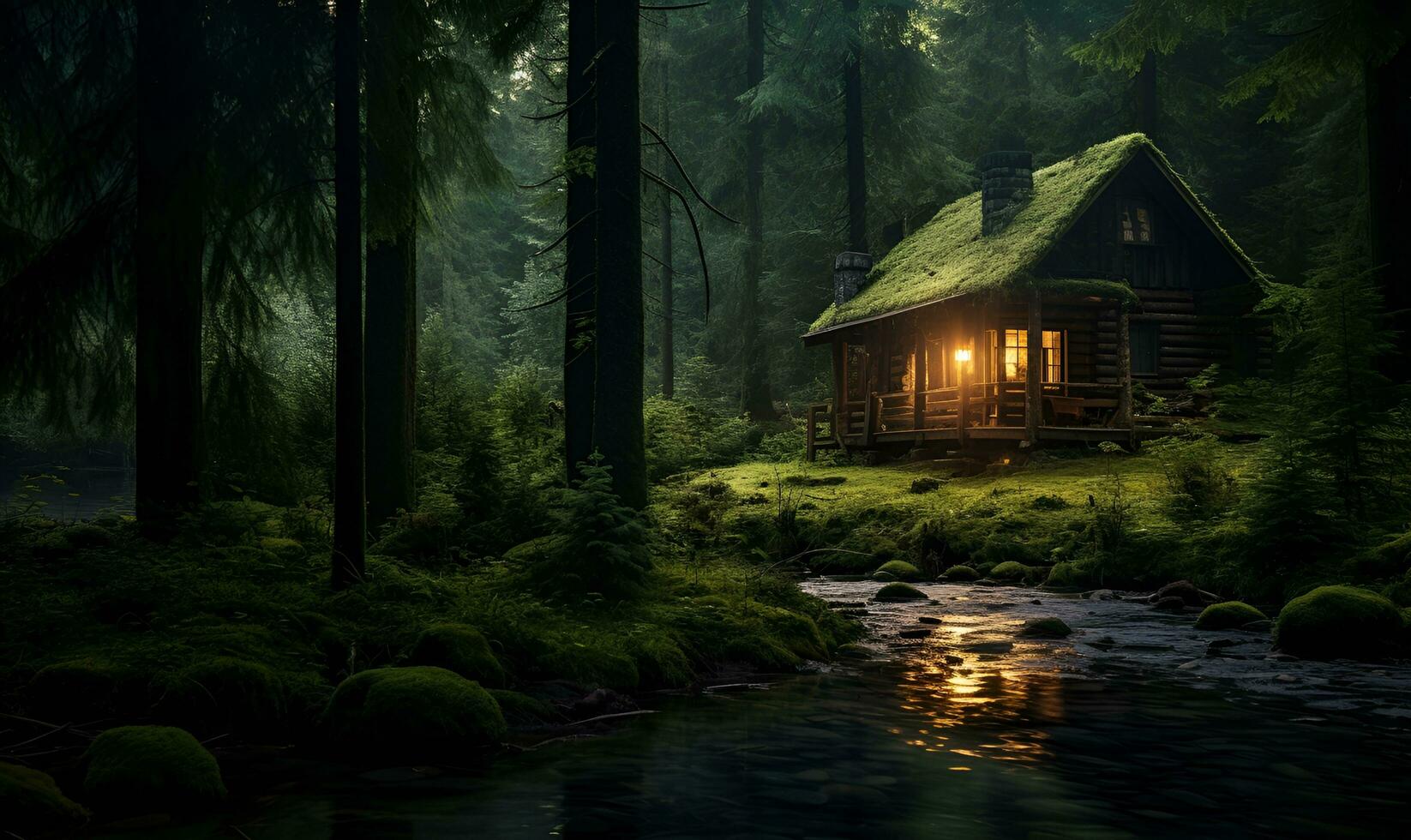 lonely wooden house in the riverside forest, ai generative photo