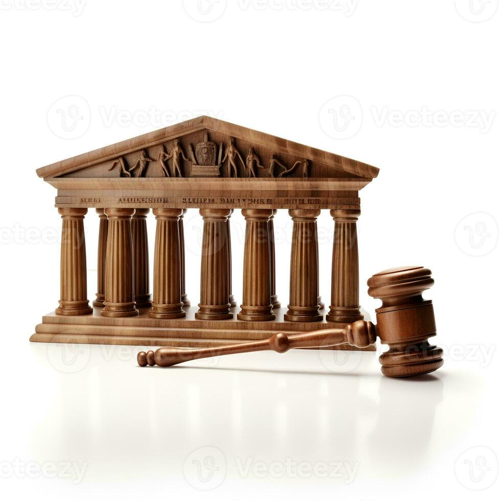 judge gavel and miniature bank icon made of white wood background, ai generative photo