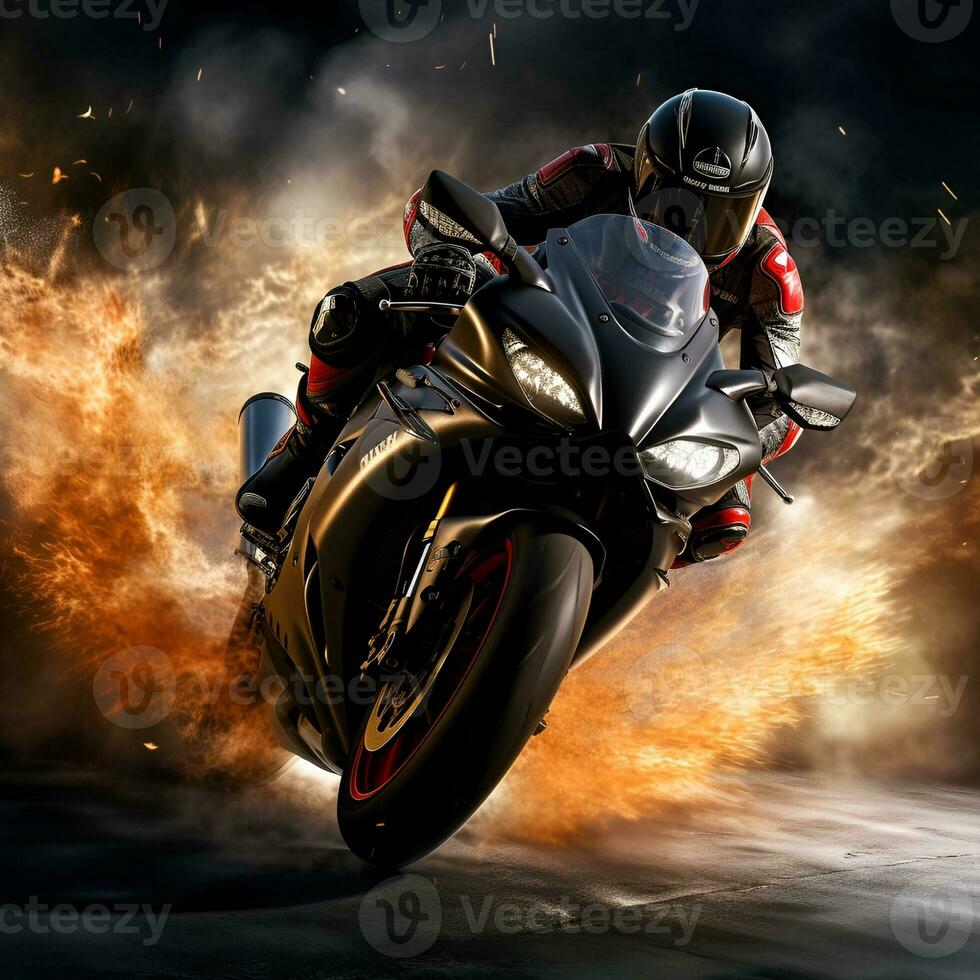 street motorbike racing with dust and explosions, generative ai photo