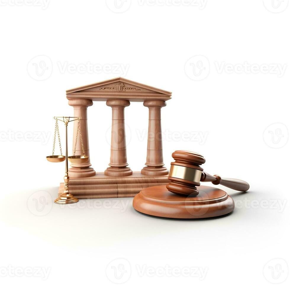 judge gavel and miniature bank icon made of white wood background, ai generative photo