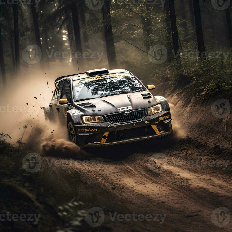 rally racing car is racing on dirt road, ai generative photo