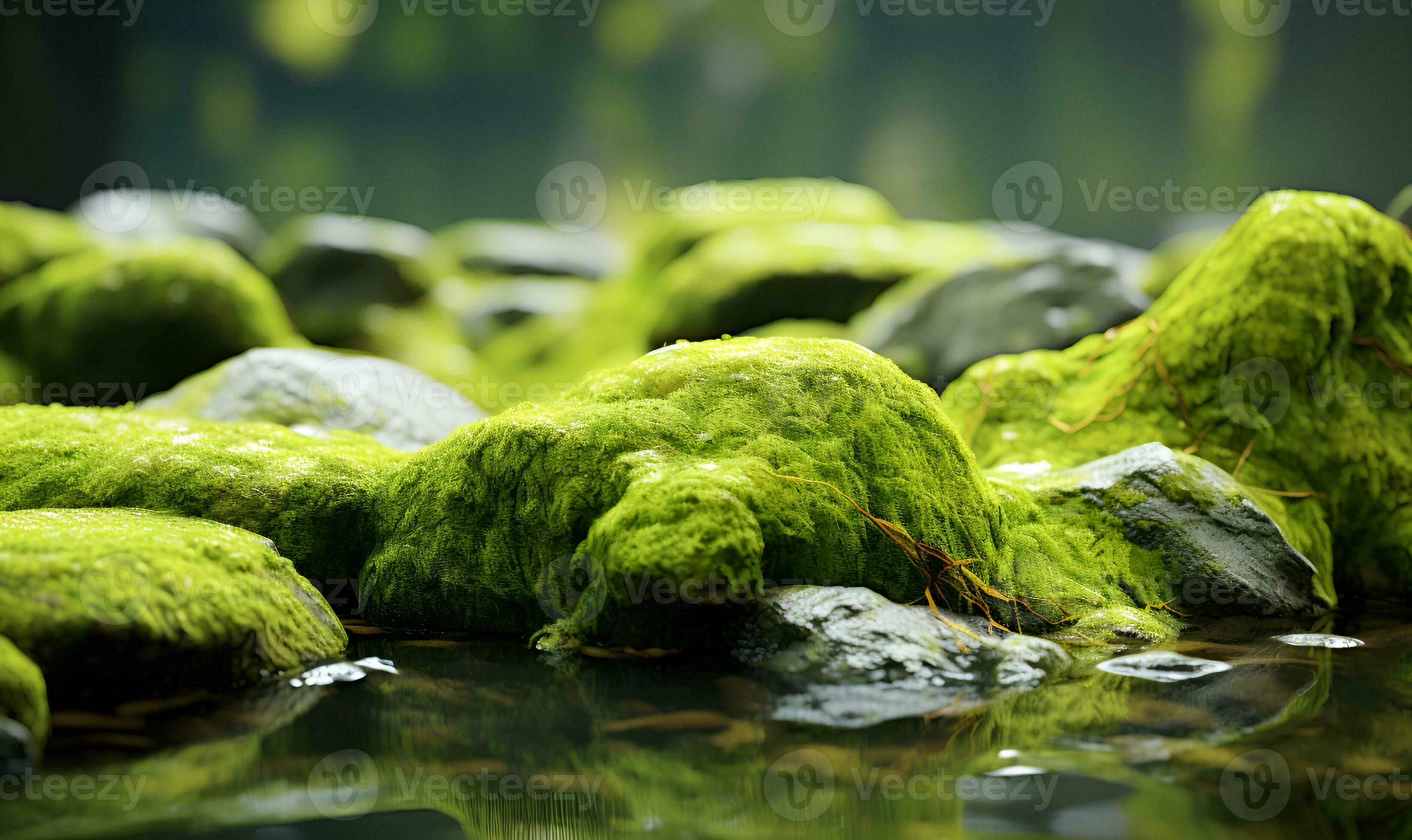 Moss-Covered Rocks in River