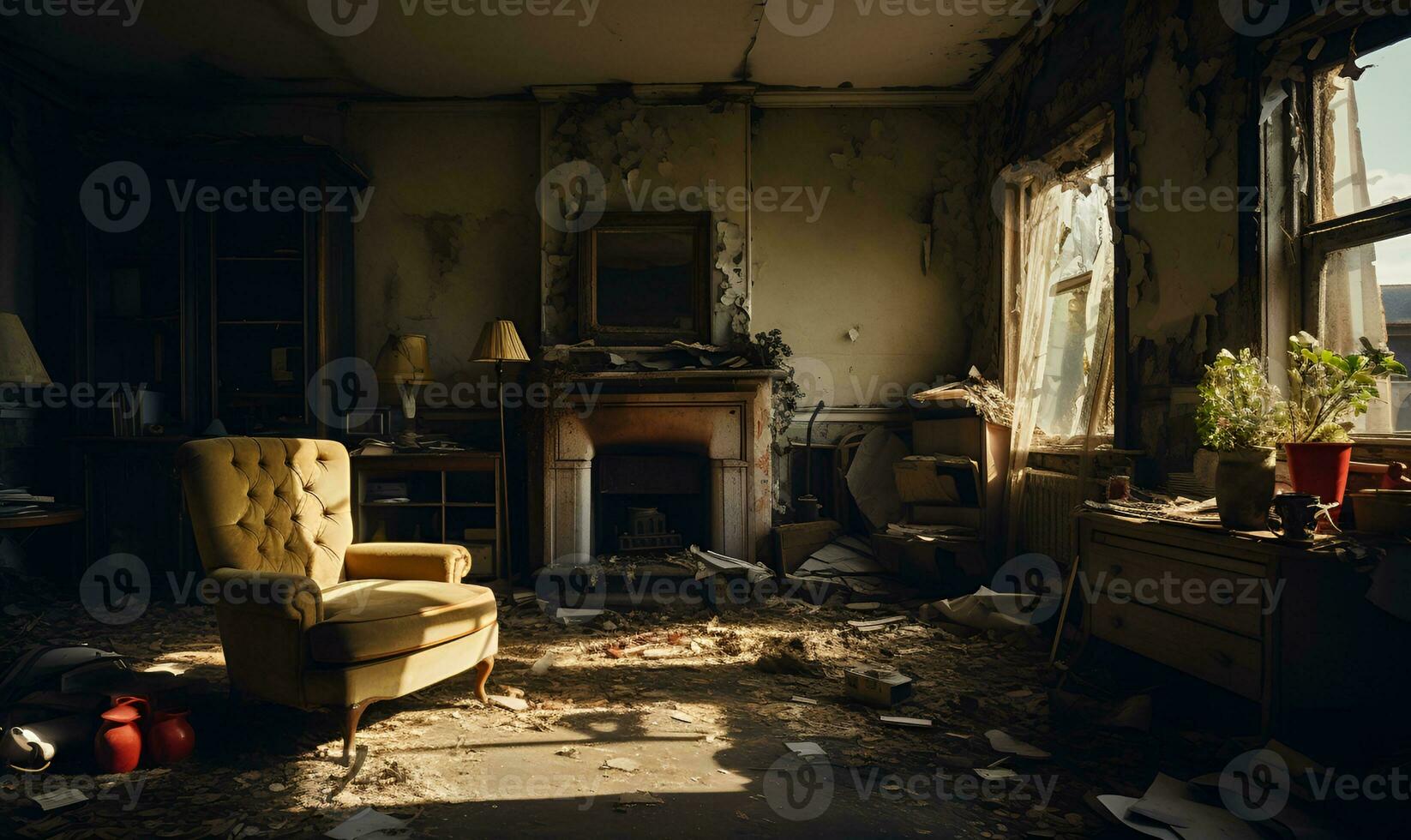 inside messy interior abandoned house, ai generative photo