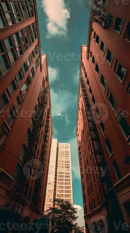 la carretera Entre dos edificios ver desde abajo, ai generativo foto